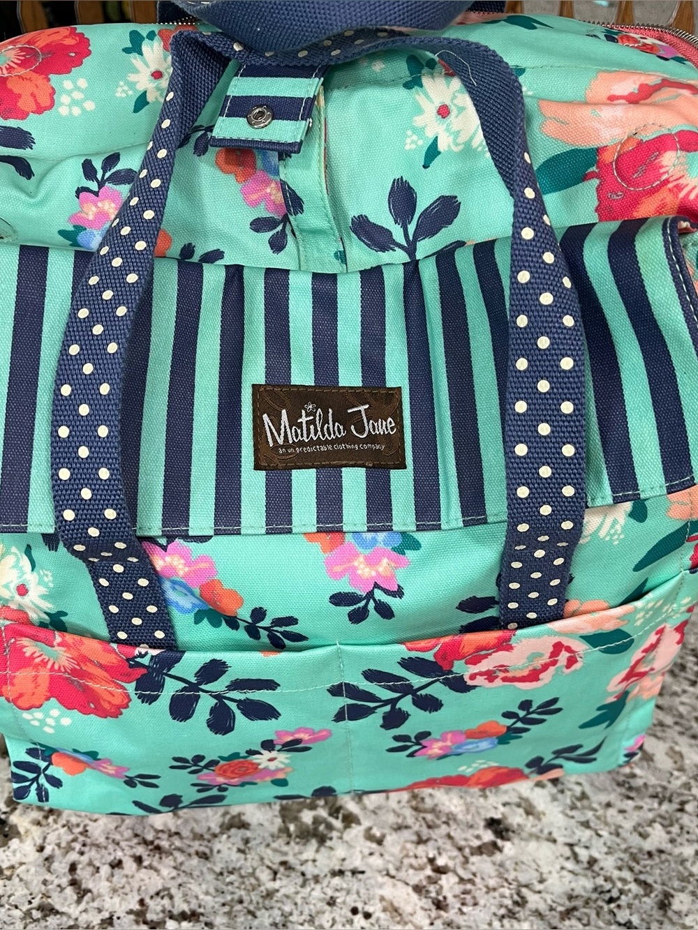 Matilda Jane Mint Floral Tote with Navy Stripes and Polka-Dot Handles